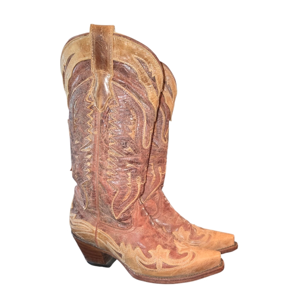 Corral R2227 Crackle Distressed Antique Cognac/Cream‎ Phoenix Saddle Boots Sz 7M